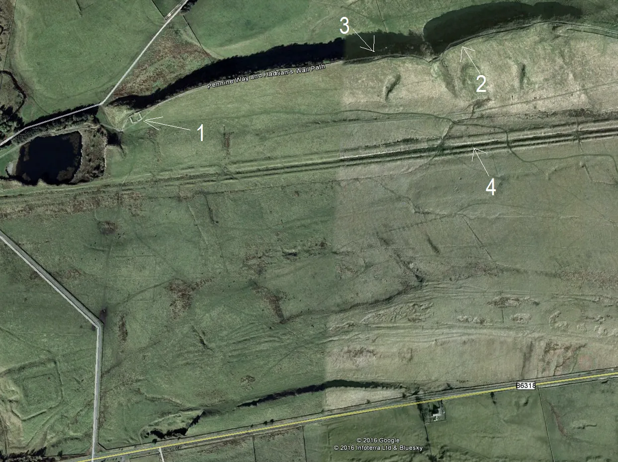 Hadrian's Wall structure near Halfwhistle as seen in Google Earth