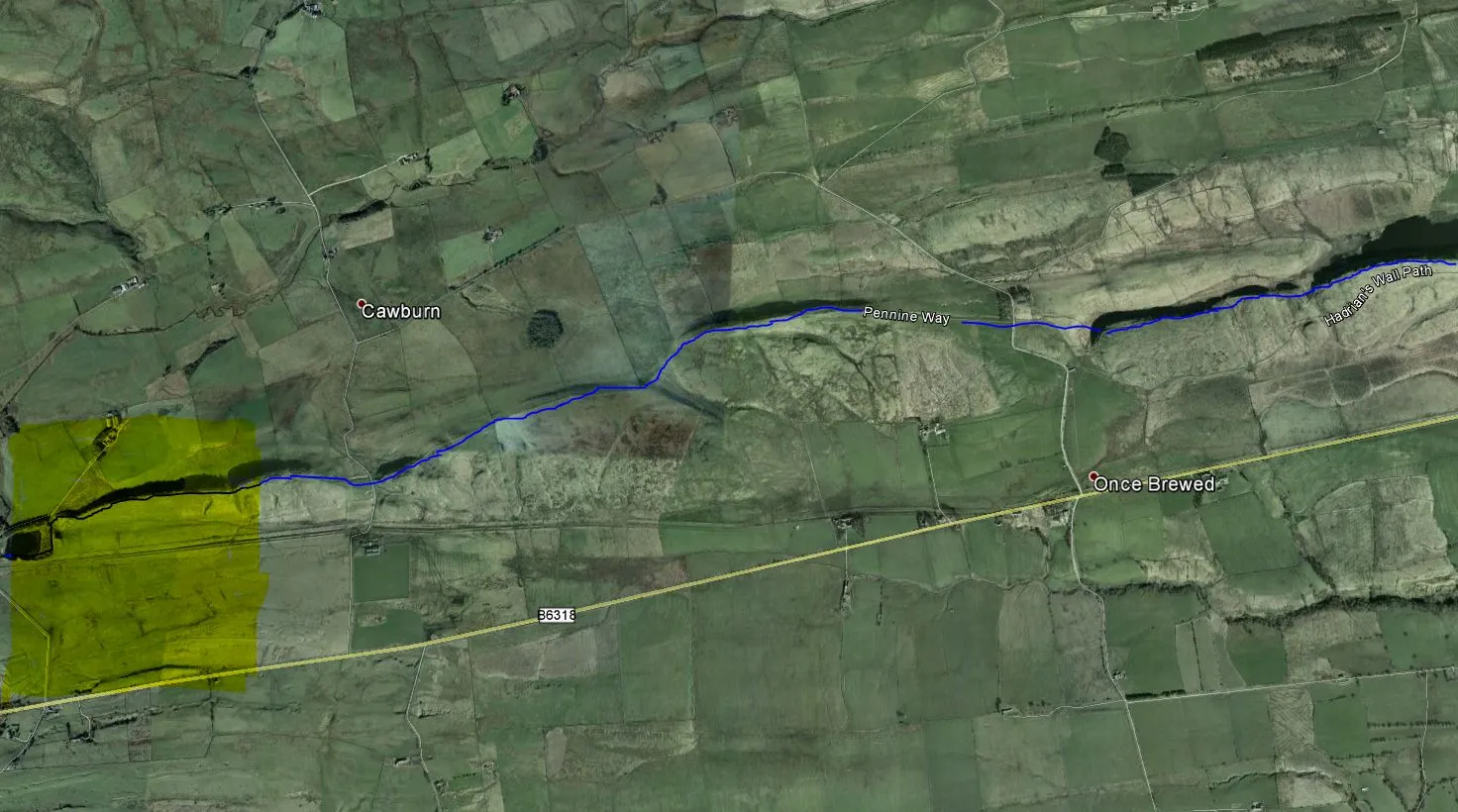 Hadrian's Wall plotted in Google Earth satellite imagery
