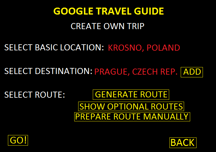 Google Travel Guide front interface, own route selection