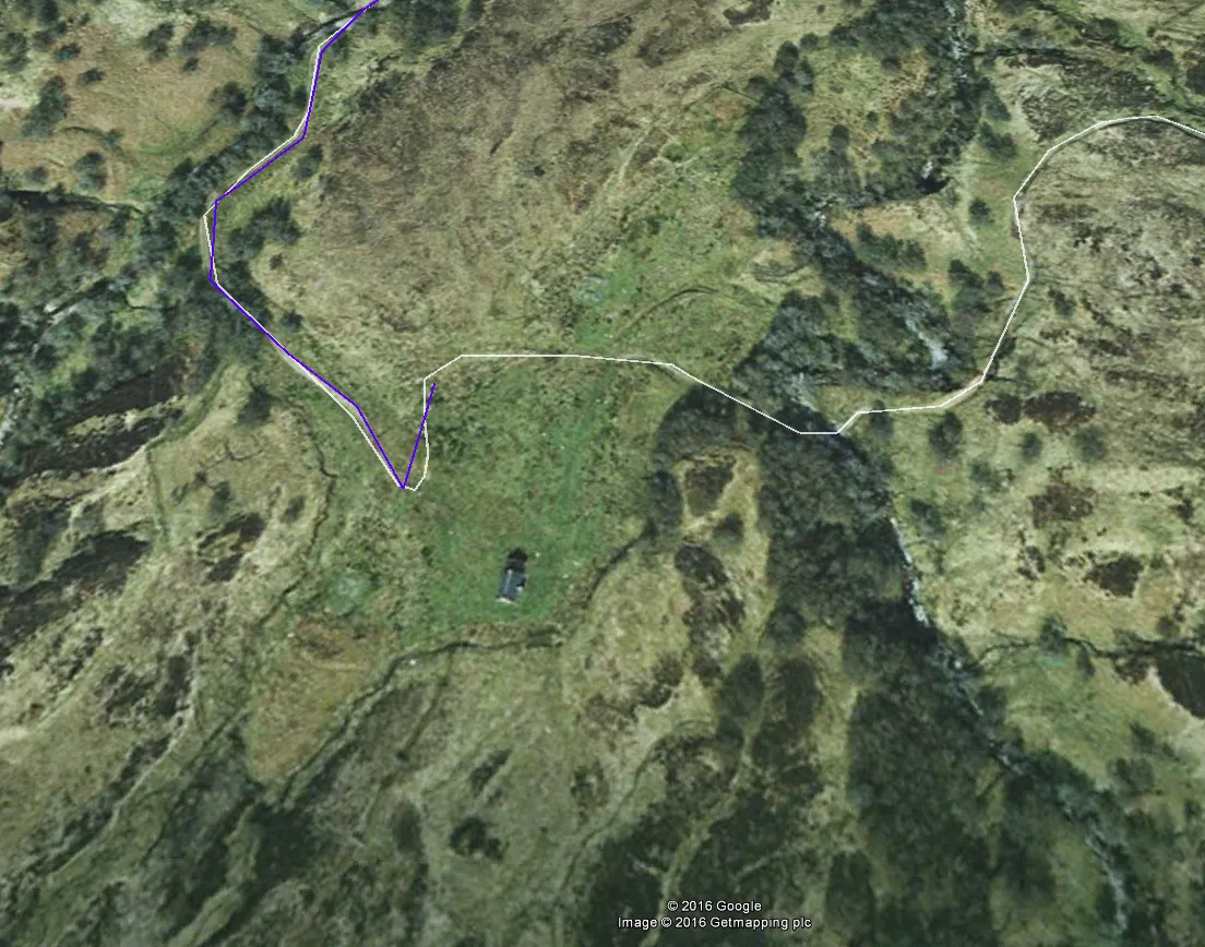 The way from Aberchalder to the Glenbuck bothy seen in Google Earth 2