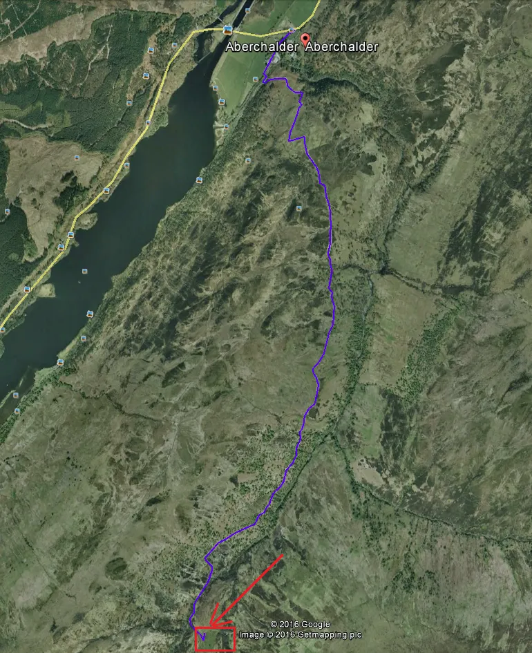 The way from Aberchalder to the Glenbuck bothy seen in Google Earth