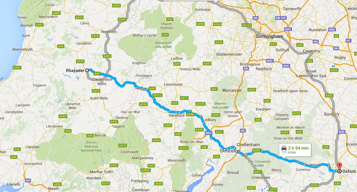 Oxford to Rhayader best route by Google Maps