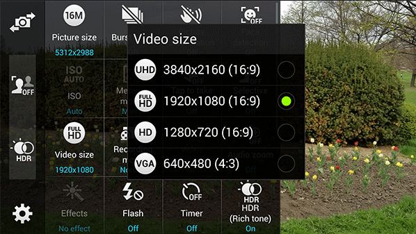 Samsung Galaxy S5 video options