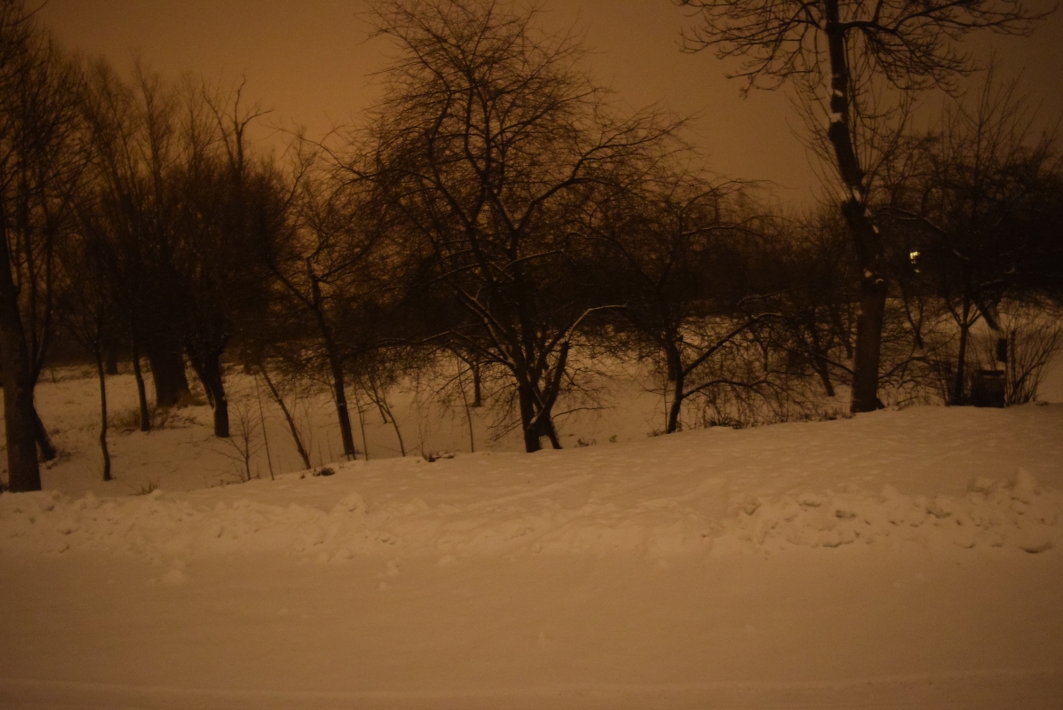Nikon D5300 night picture with light scattering when area is covered by snow