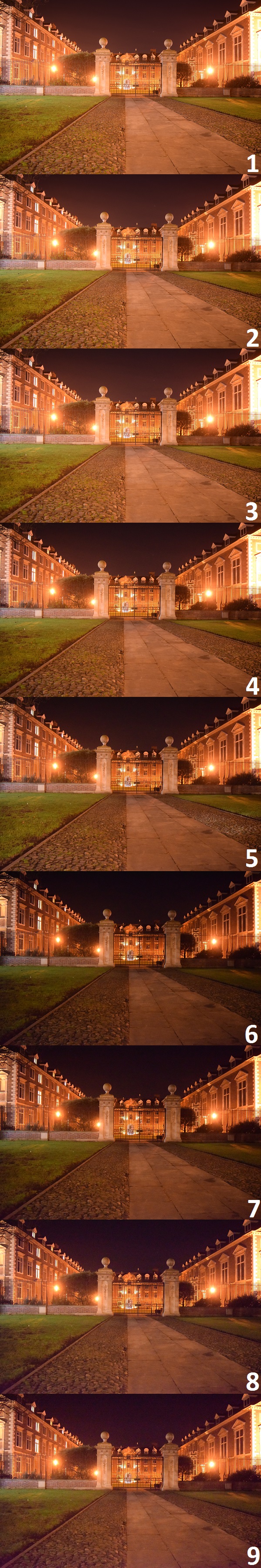 Nikon D5300 the same photo in different ISO and time exposure effects, St. Catharine's College University of Cambridge