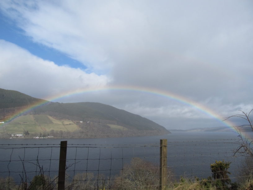 Loch Ness with rainbow near Uruquart Castle