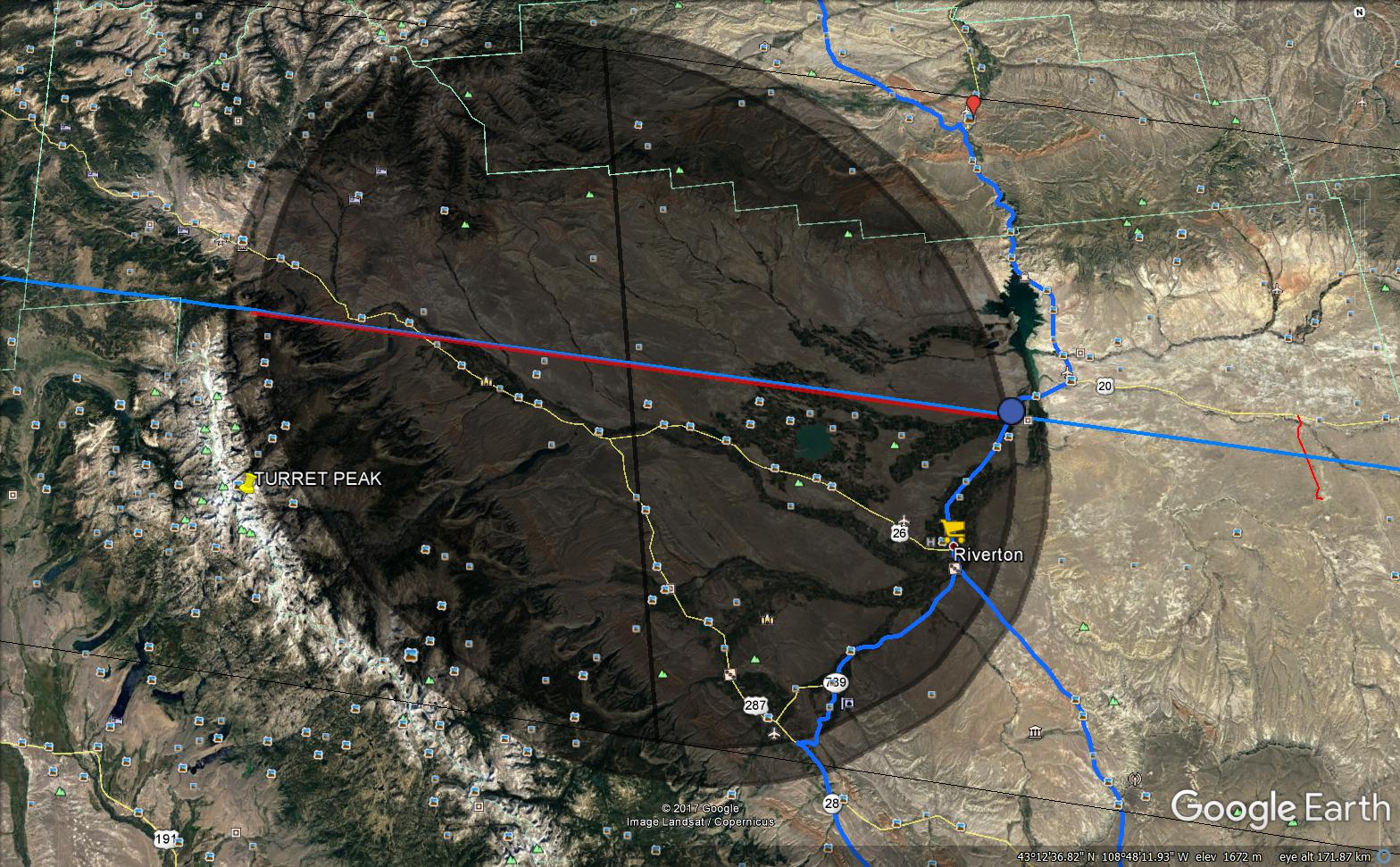 Umbra with grazing zones as shown in Google Earth