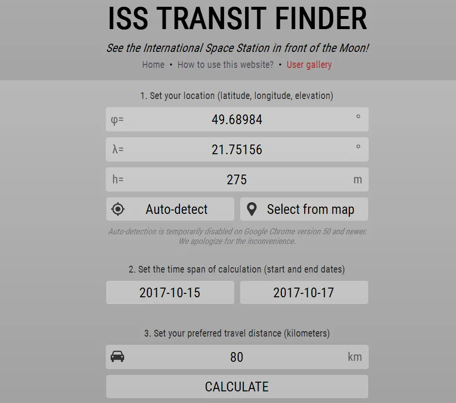ISS Transit finder main page