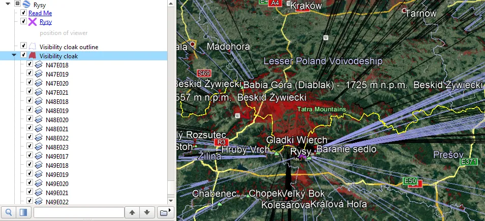 Heywhatsthat.com Giewont and Rysy visibility cloak in Google Earth toolbar2