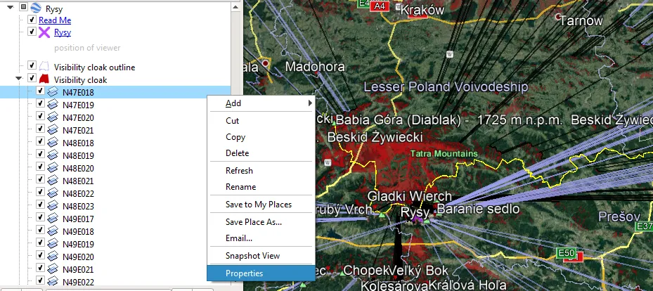 Heywhatsthat.com Giewont and Rysy visibility cloak in Google Earth toolbar properties