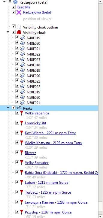 Heywhatsthat.com Radziejowa summit visibility cloak Google Earth elements