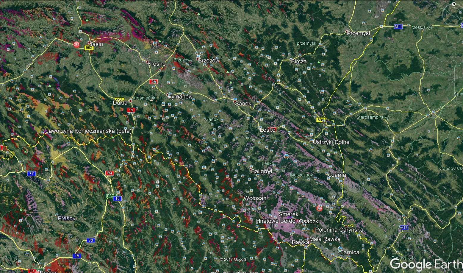 Heywhatsthat.com visibility cloak color modified seen on Google Earth, Bieszczady
