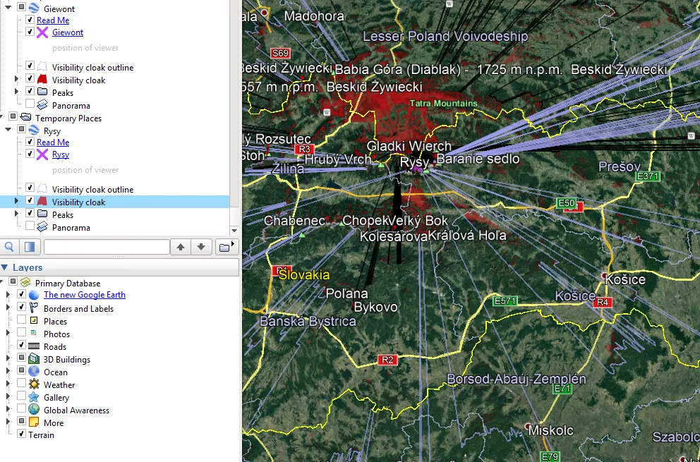 Heywhatsthat.com Giewont and Rysy visibility cloak in Google Earth toolbar