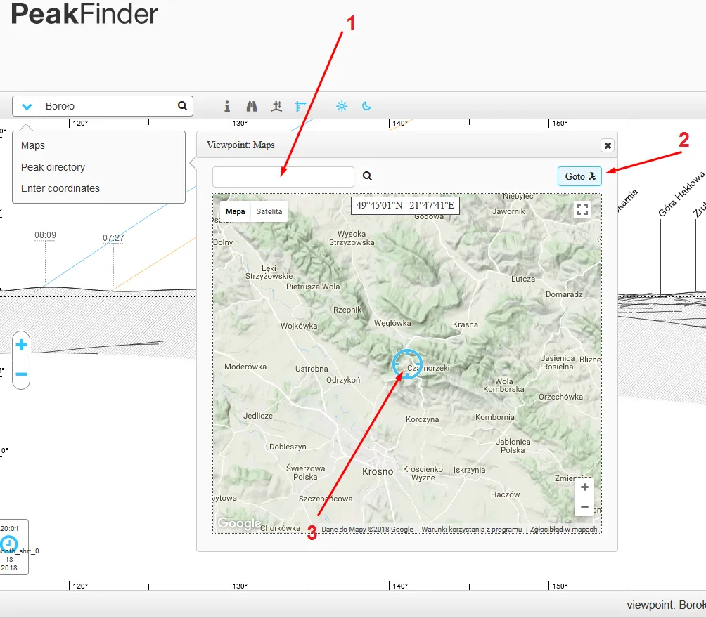 Peakfinder.org map searching option