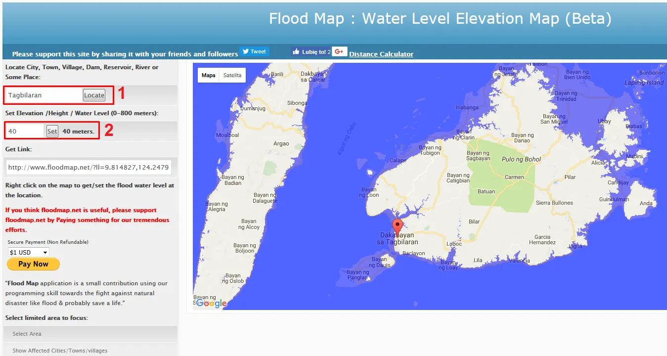 FloodMap.net water level Bohol island
