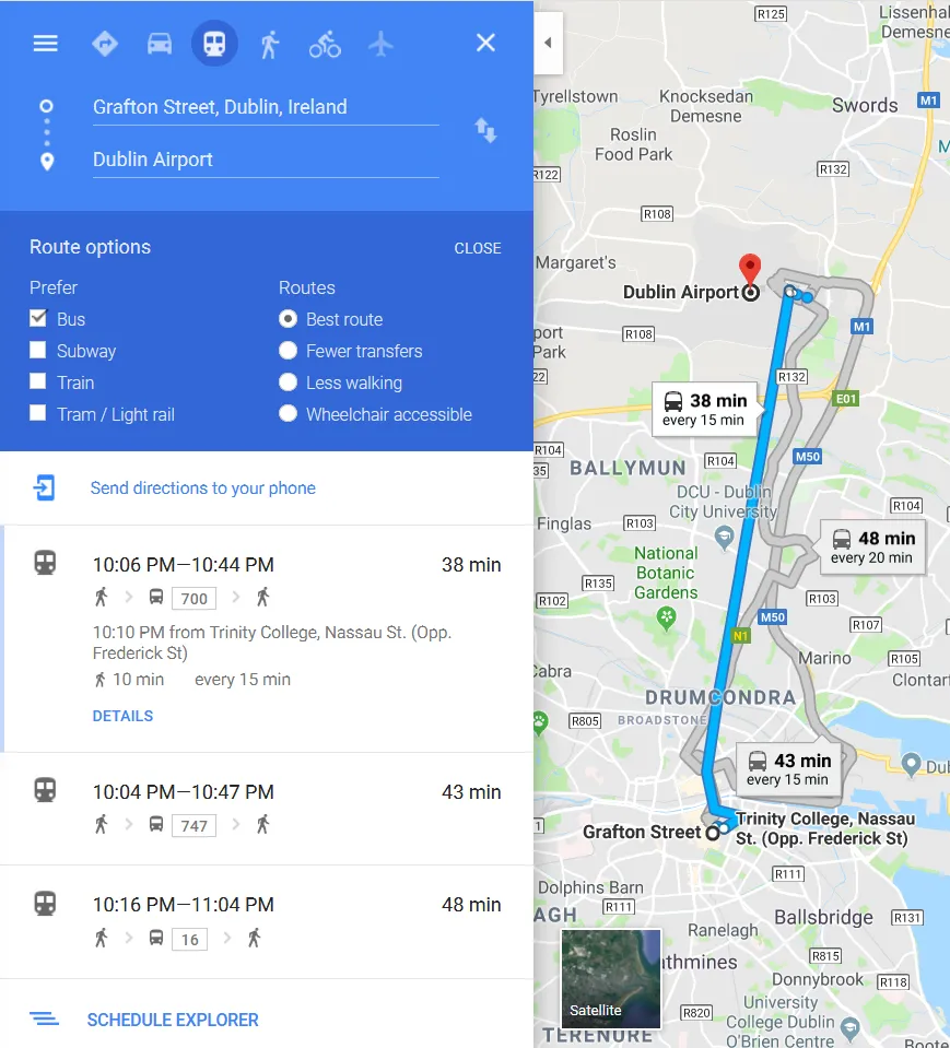 Dublin Google Maps most actual public transport connections