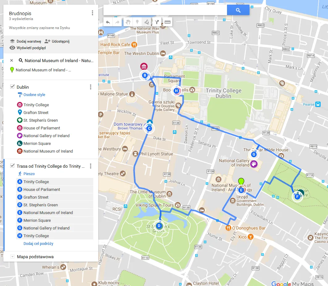 Dublin route planner in Google MyMaps