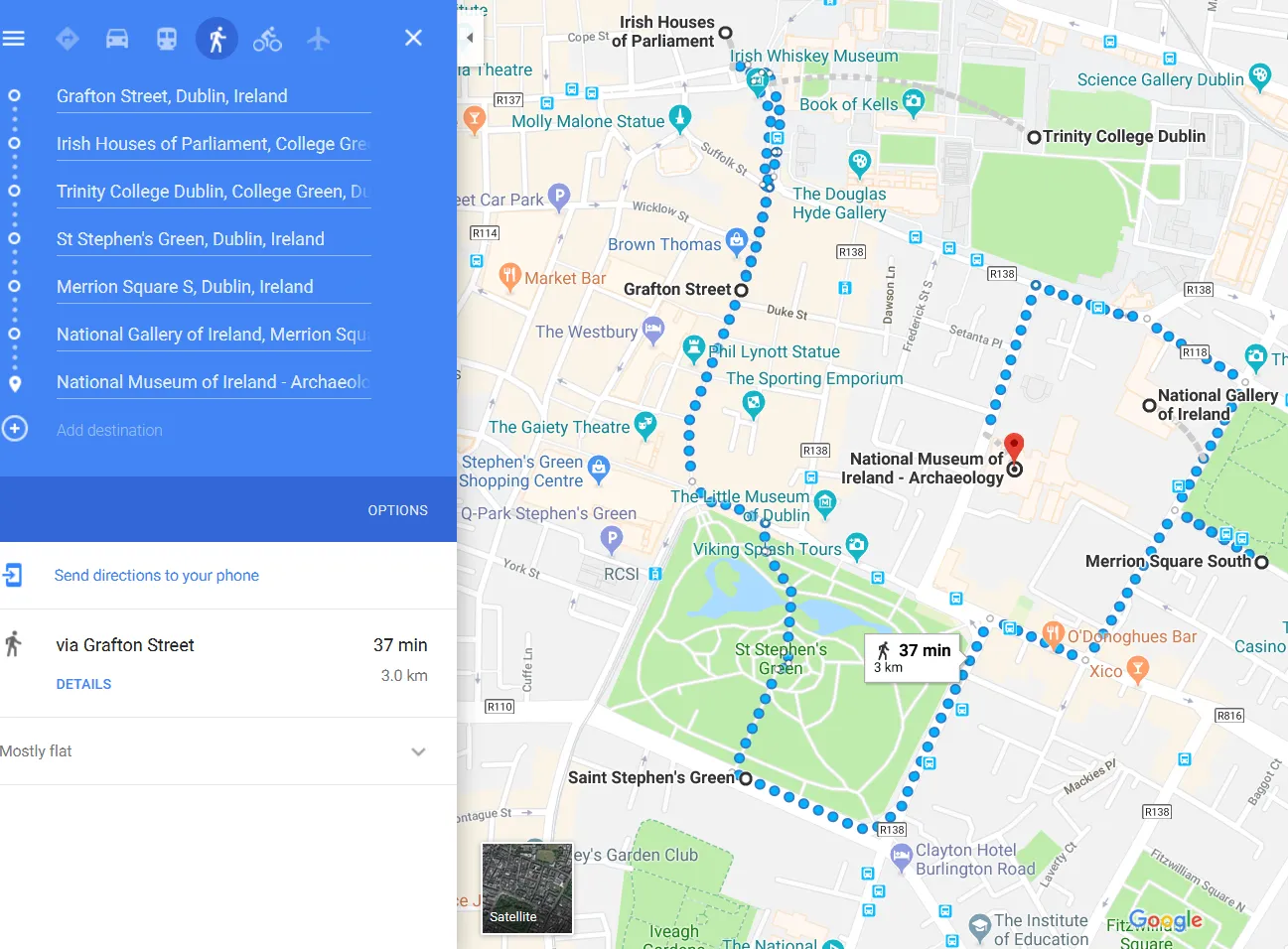 Dublin sightseeing route example in Google Maps