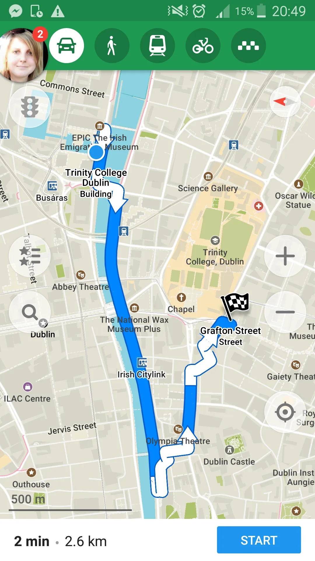 Dublin sightseeing route fragment in Maps Me android app