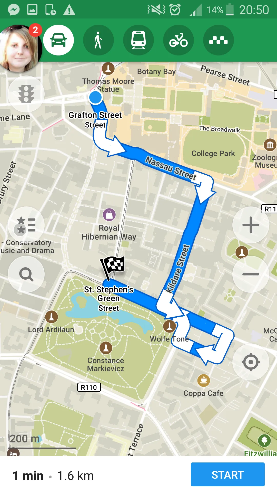 Dublin sightseeing route fragment in Maps Me android app2
