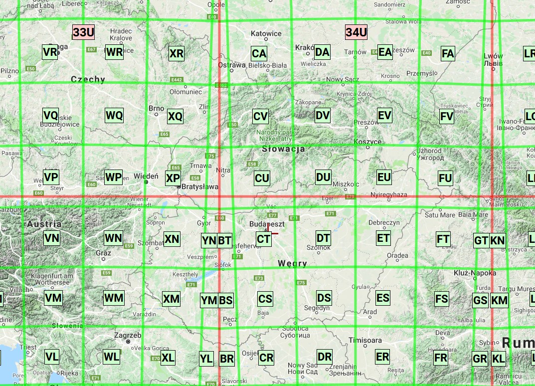 MGRS grid in Google Maps above Central Europe