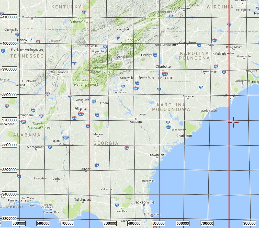 UTM coordinate grids for Google Maps at south east USA