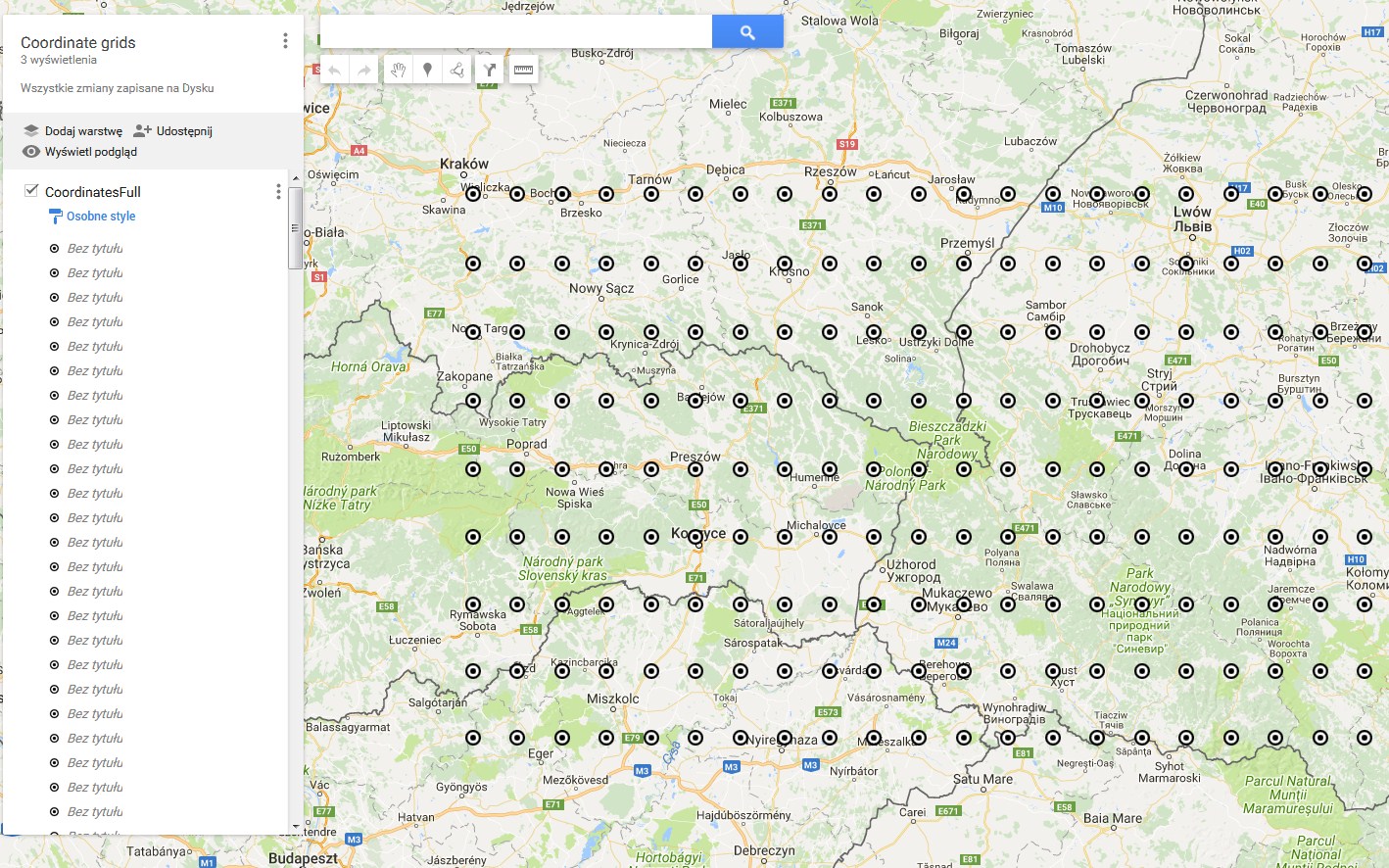 Coordinate grids in Google MyMaps at Carpathian Mountains