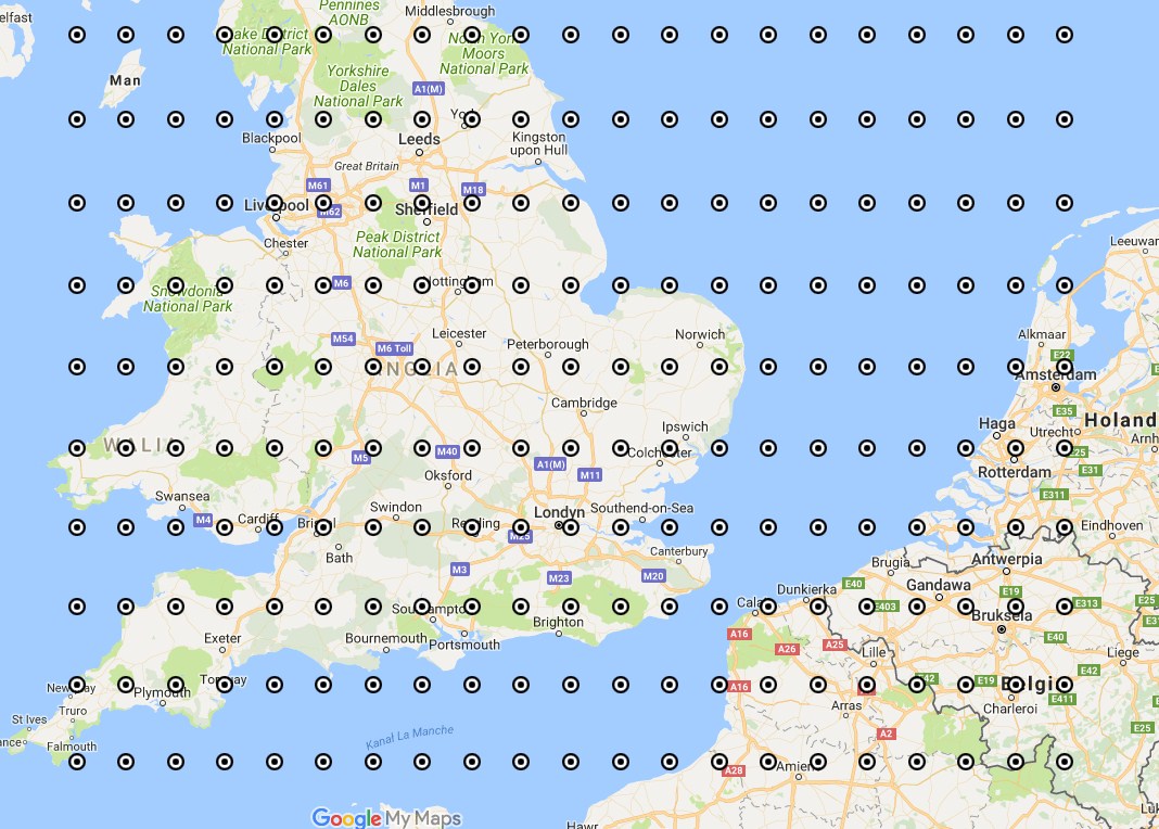 Coordinate grids in Google Maps at England and Wales