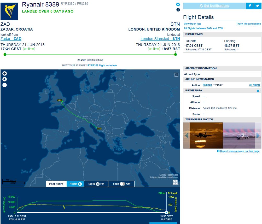 Ryanair flight example on Flightaware.com