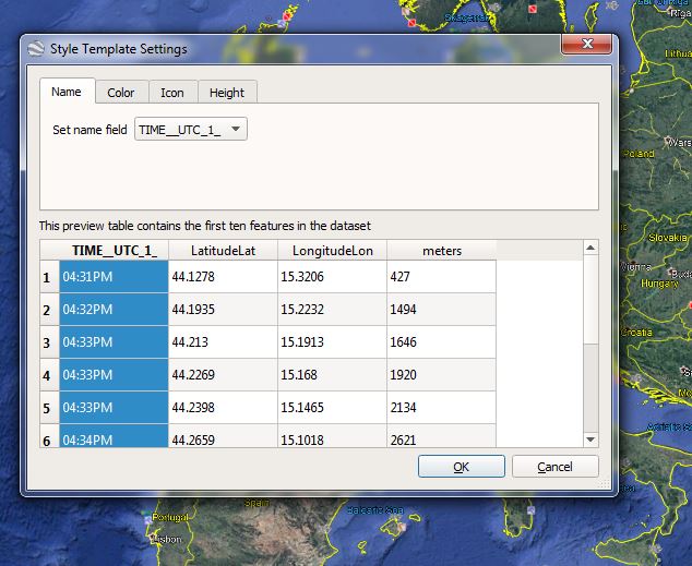 Ryanair flight data transfer from MS Excel to Google Earth, solumn settings