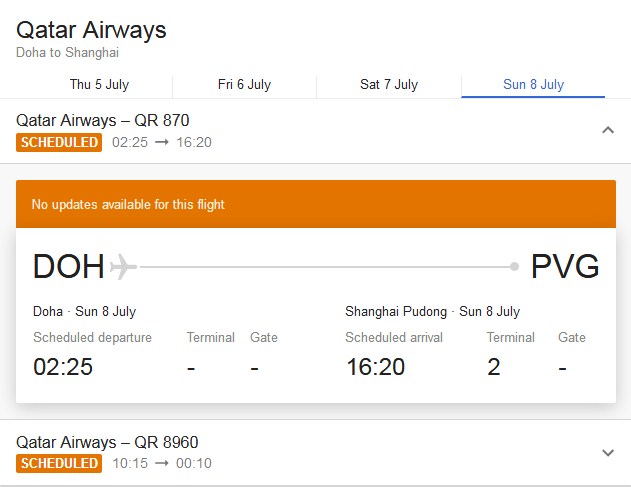 Doha (DOH) - Shanghai Pudong (PVG) Qatar Airways schedule