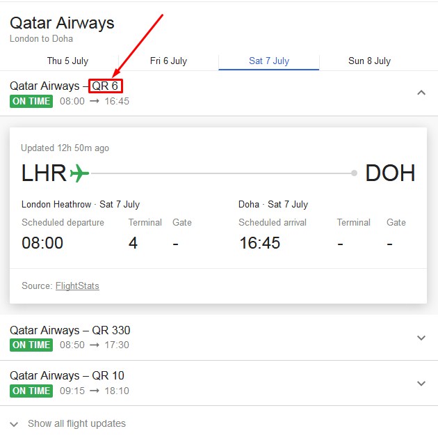 London Heathrow (LHR) - Doha (DOH) Qatar Airways flight schedule