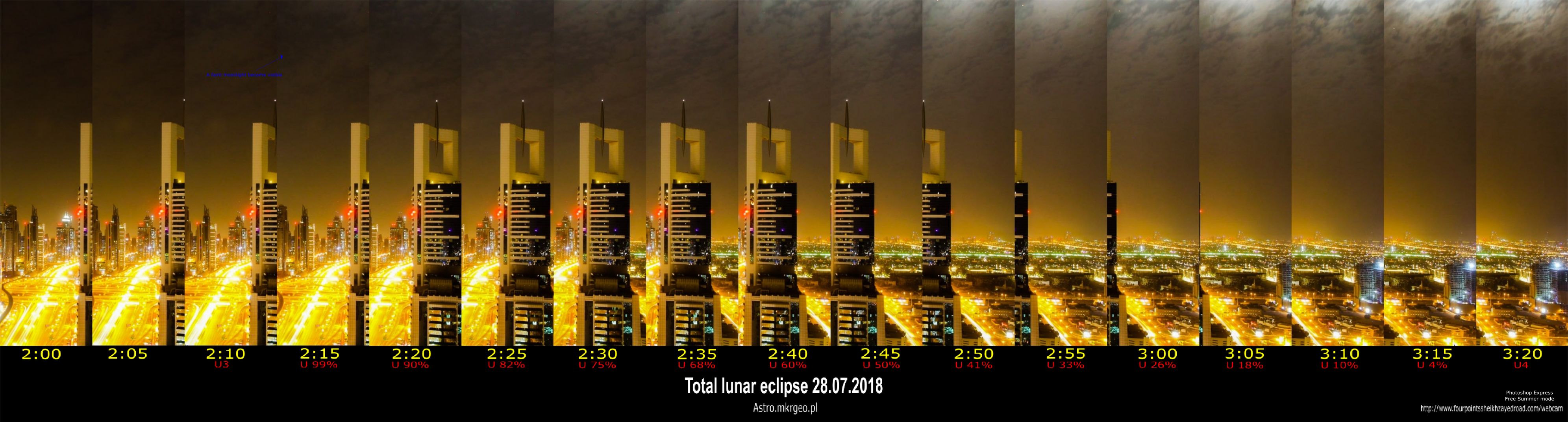 2018 total lunar eclipse in Dubai webcam compilation partial phase Photoshop Express