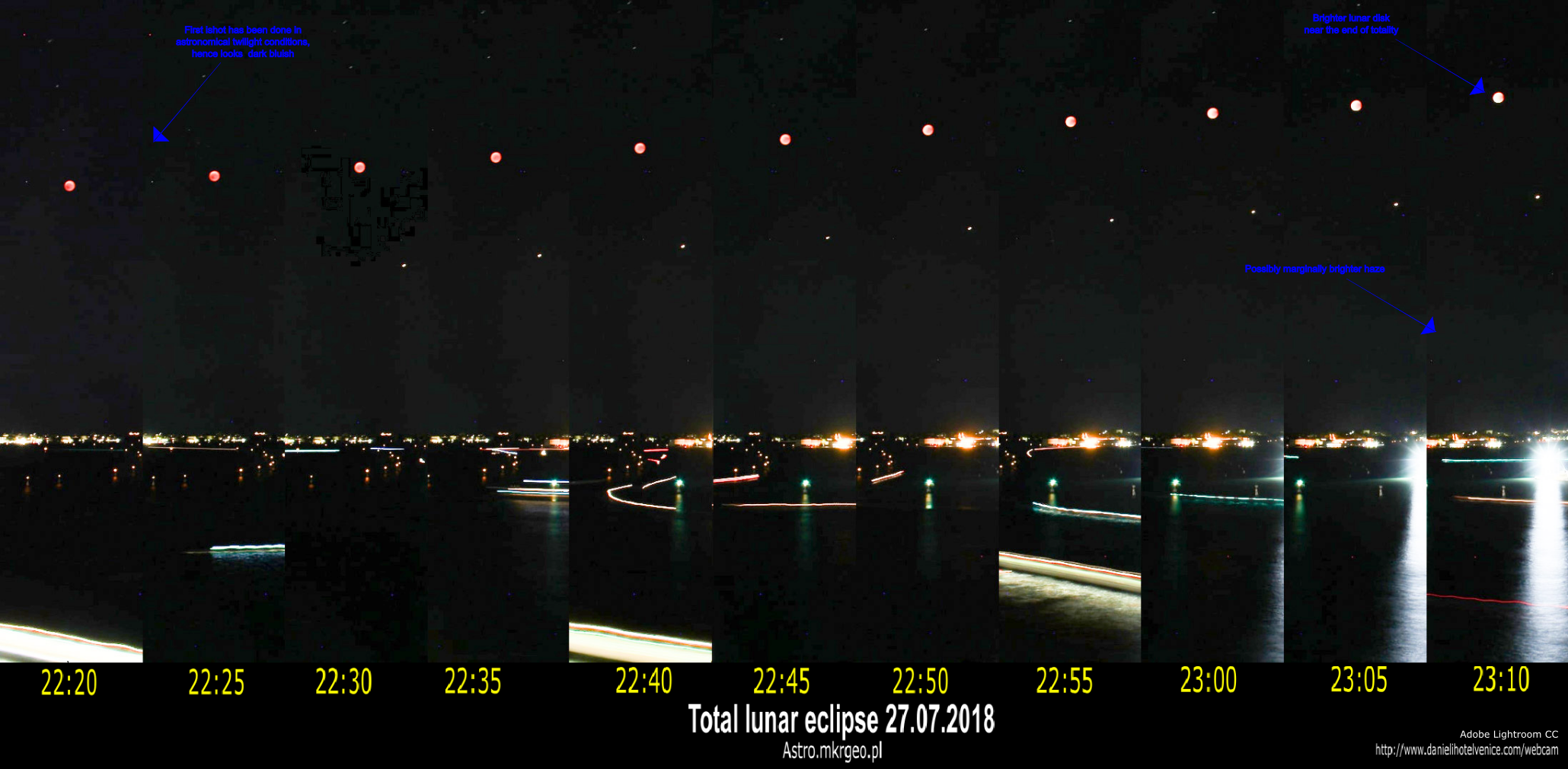 2018 total lunar eclipse above Venice webcam compilation Adobe Lightroom CC