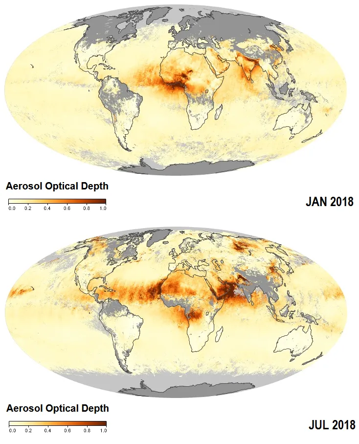 aerosol optical depth around the world on july and january