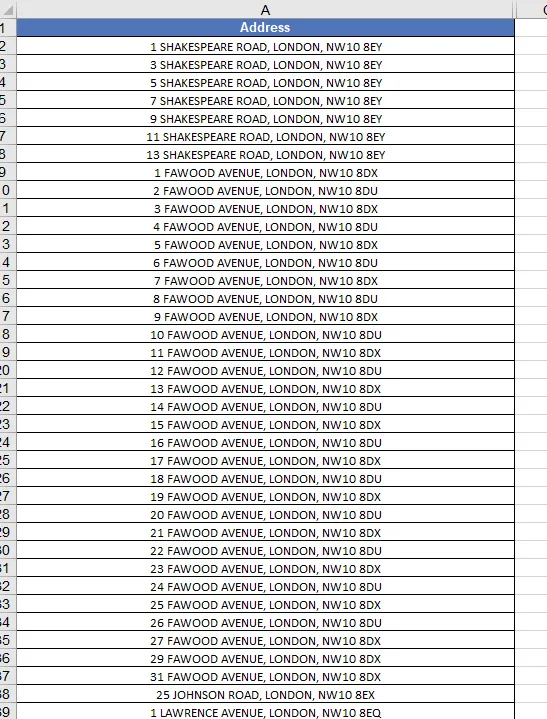 MS Excel address list for London