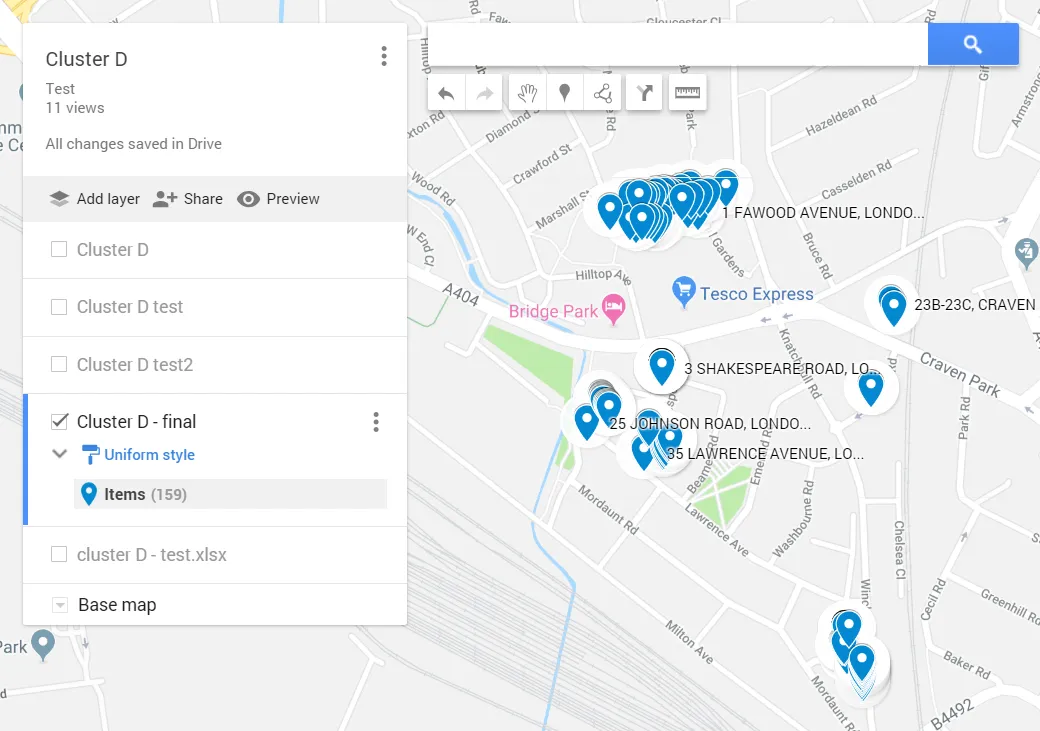 GoogleMyMaps layer finished address on the map