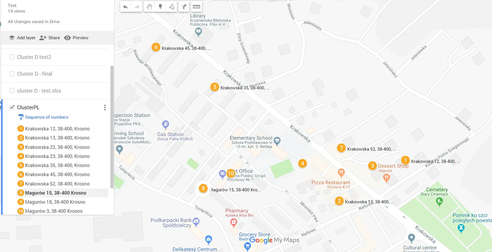 Google MyMaps address list map Krosno