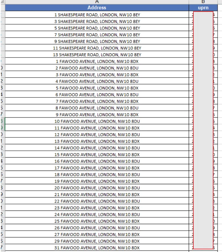 MS Excel address list with UPRN