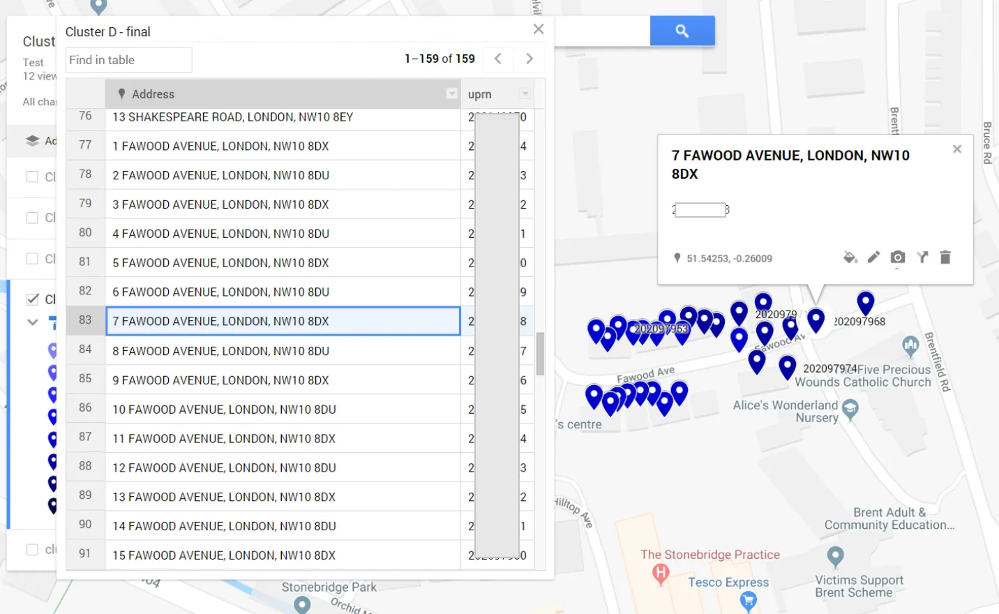 Google MyMaps address list complete