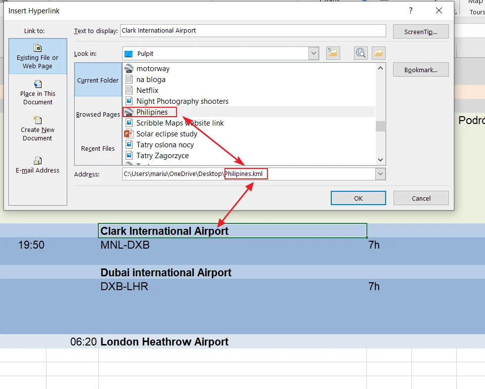 Hyperlink from MS Excel to kml file