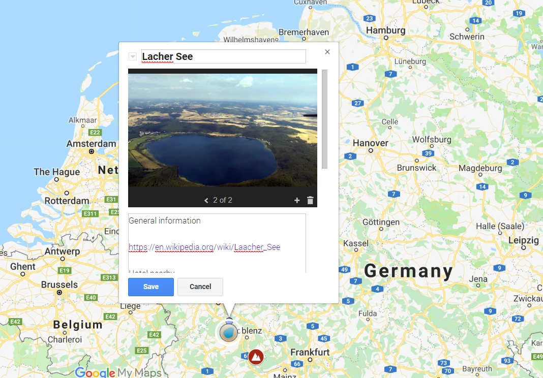Linked placemark in Google MyMaps with picture attached