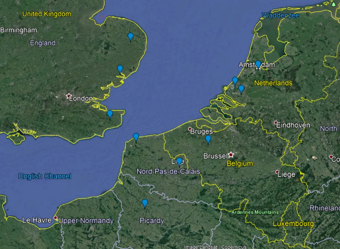 Cities Netherlands, Belgium and UK in Google Earth