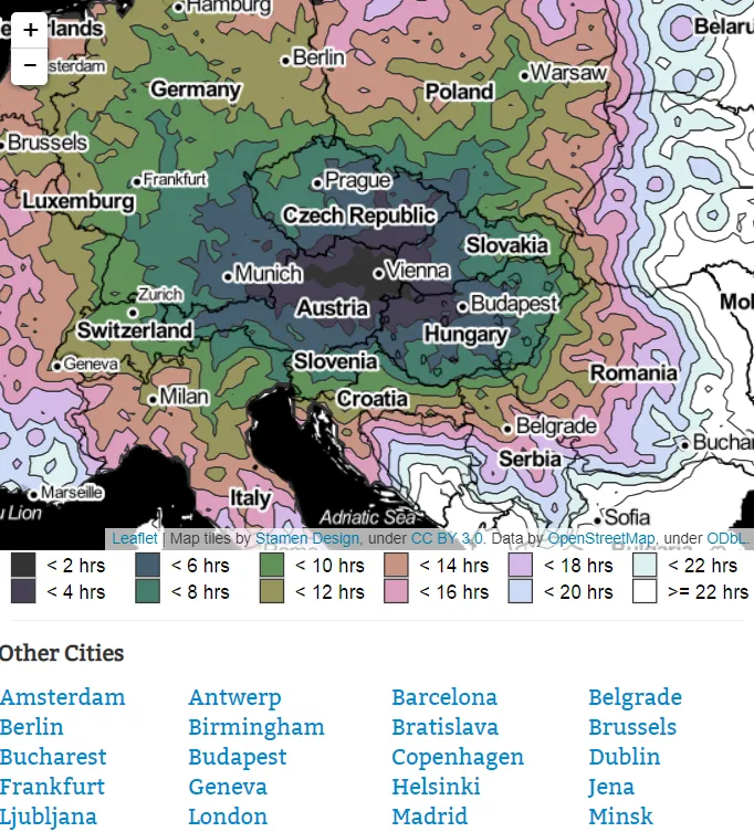 Isochrone map Europe, Vienna