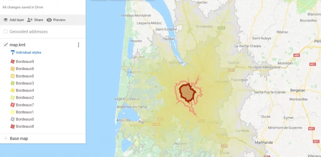 Google Mymaps isochrone map