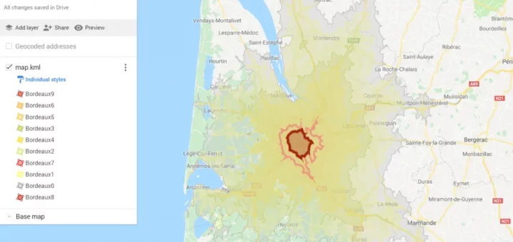 Google Mymaps isochrone map