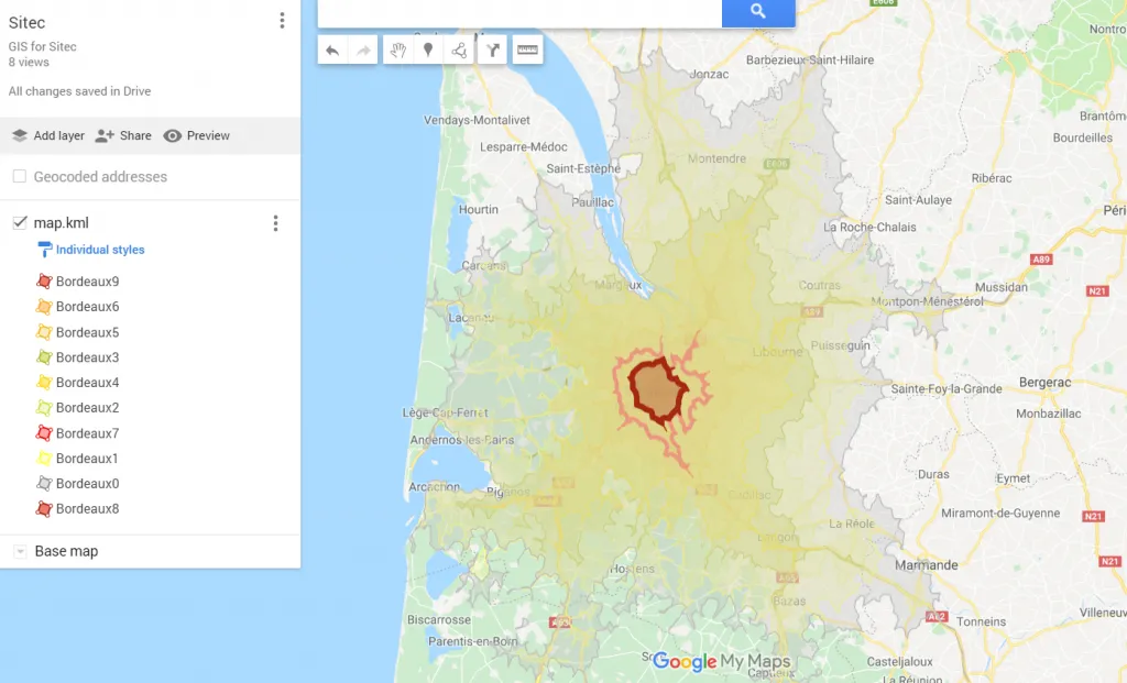 Google Mymaps isochrone map