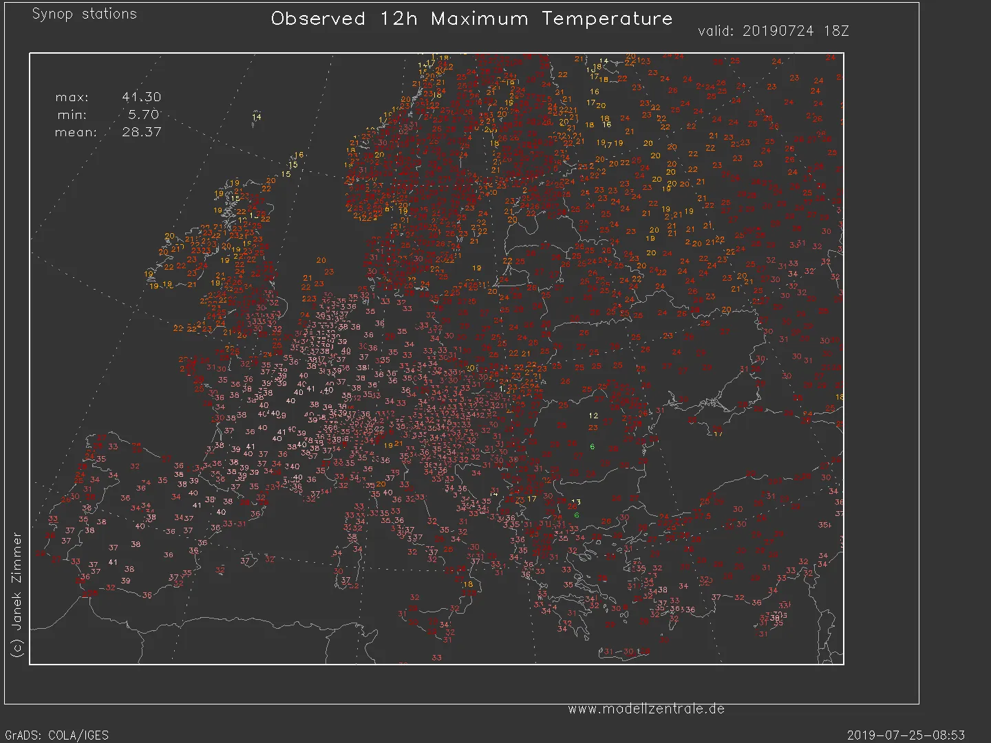 Max temperature in Europe, Heatwave July 2019