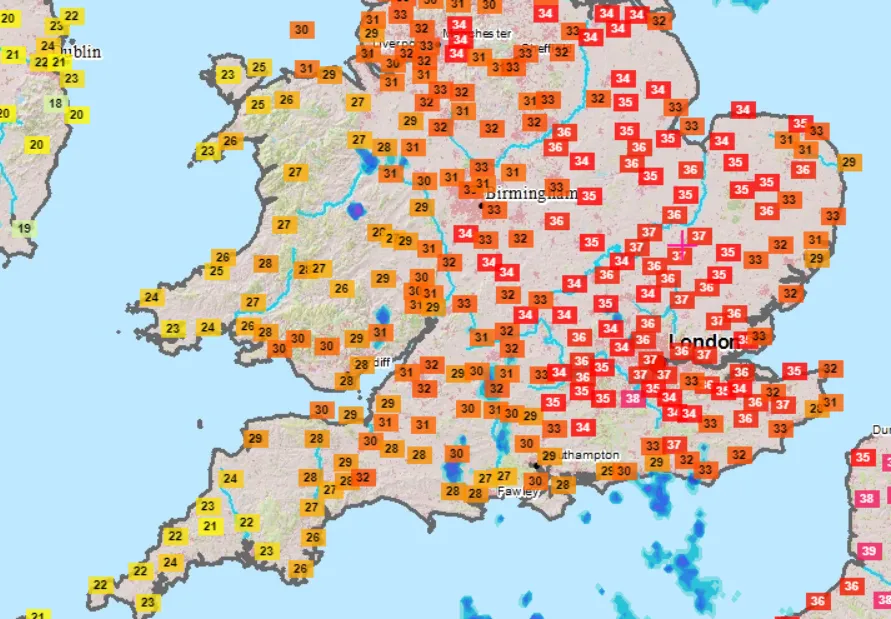 Temperature South UK 25.07.2019