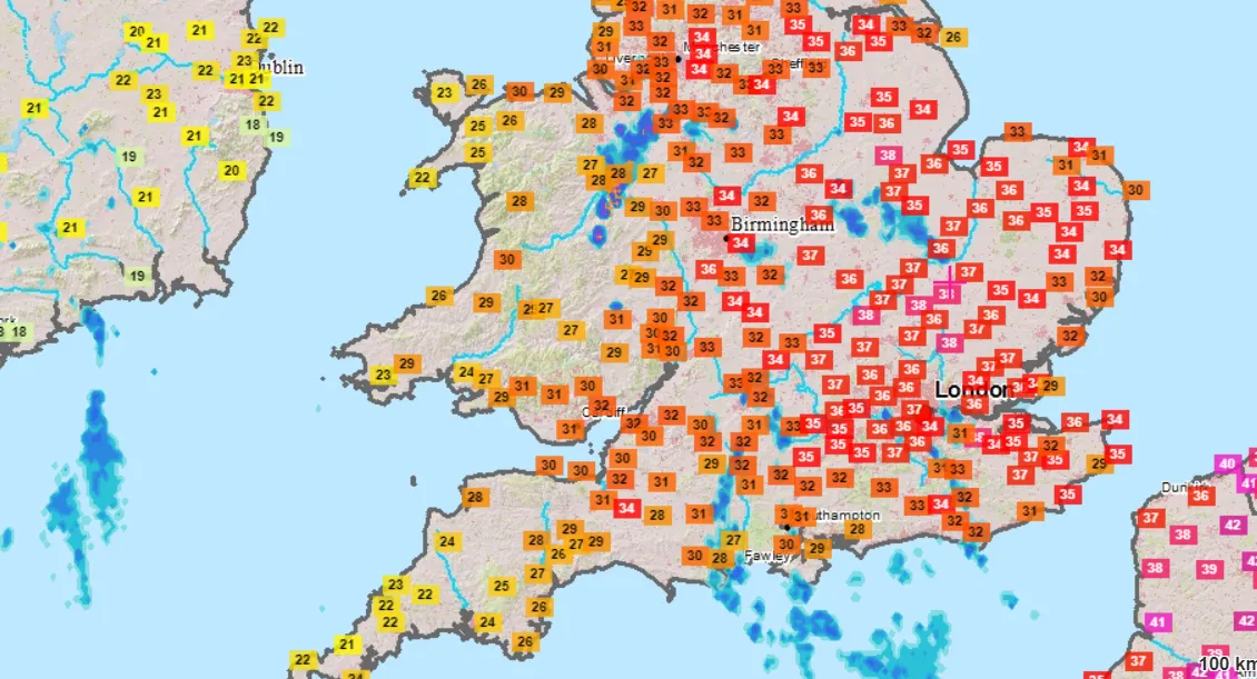 Temperature South UK 25.07.2019 max values Meteoblue